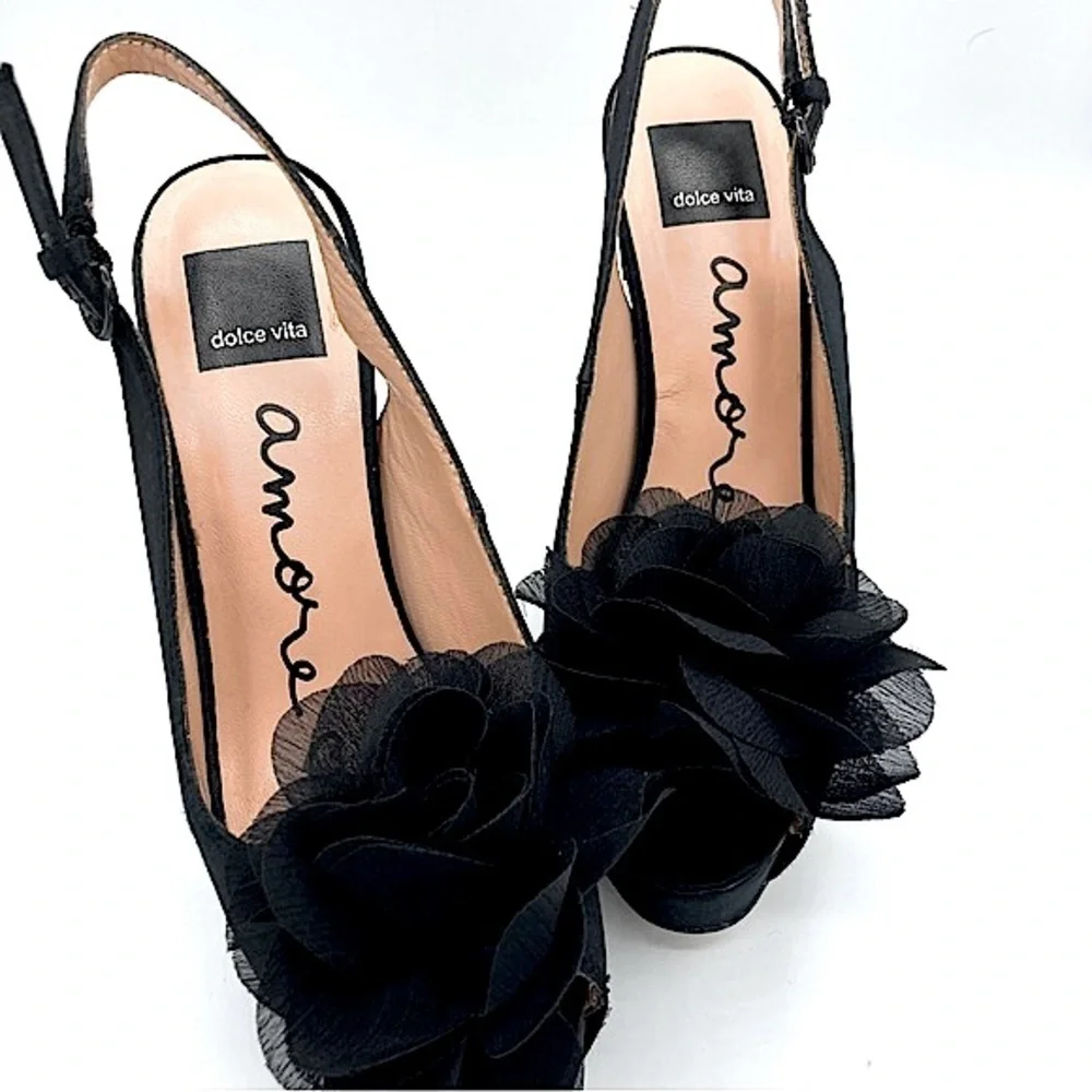 Dolce Vita “Bess” Black Platform Heels with Sheer Petals Embellishment, size 8.5
